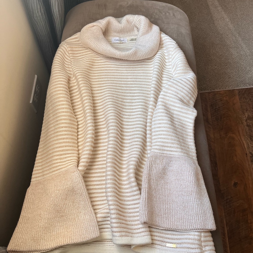 Calvin Klein Beige Cream Striped Cowl Neck, Bell Sleeves Sweater